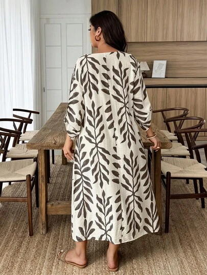 EMERY ROSE Plus Size Women's 1pc Linen-Like Texture Floral Print Loose Casual Dress With Faux Wood Button Decor, Suitable For Spring/Summer, Work And Home Wear