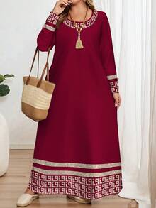 EMERY ROSE Casual Classic Geometric Print Plus Size Long Sleeve Crew Neck Dress, Suitable For Autumn/Winter New Year Party - Multicolor - View 2