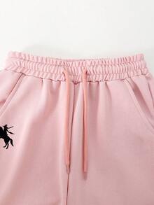 SHEIN 青少年女孩運動褲，休閒極簡 Logo 圖案對比色口袋運動衫，寬鬆舒適寬腿慢跑褲 - 粉色 - 查看 4