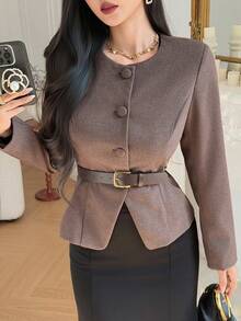 DAZY Áo khoác nữ cổ tròn màu trơn thanh lịch có thắt lưng, Thu/Đông - Cà phê nâu - Xem 1