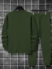 Manfinity Homme 男士字母印花落肩长袖休闲卫衣和运动裤宽松两件套 - 軍綠色 - 查看 2