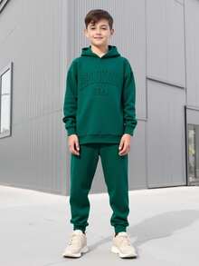 SHEIN 2pcs Kids/Tween Boys Casual Everyday Comfortable Printed Hoodie Sweatshirt And Sweatpants Knit Set Hoodie And Sweatpants Set Brooklyn Outfit Suitable For Spring/Summer Autumn And Winter, Daily Wear, Sports, Outings, School, Parties, Festivals, Photoshoots Boys Outfit Sets