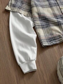 SWAVVY 男士格子印花前开襟纽扣口袋休闲长袖衬衫 - 卡其色 - 查看 3