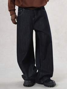 DAZY 男士字母印花刺绣设计原色藏蓝色牛仔裤，秋季款 - 黑色 - 查看 1