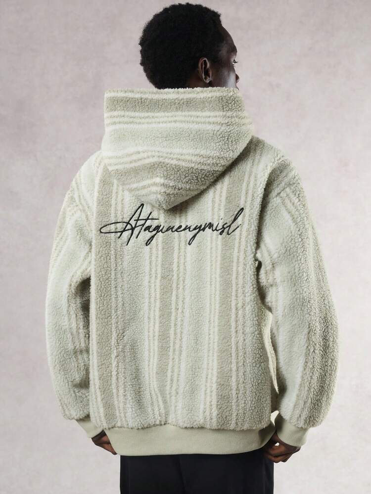Men's Thermal Lined Hooded Sweatshirt With Multicolor Stripes & Letter Embroidery, Autumn/Winter