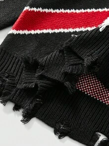 ROMWE MEN Street Life Áo len dệt kim họa tiết cờ cổ điển thời trang, áo chui đầu dáng rộng thoải mái cho nam, mùa đông - màu đen - Xem 5