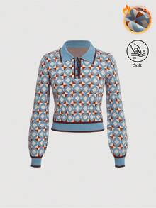 SHEIN MOD Women's Geometric Pattern Colorblock Sweater With Contrast Trims And Lantern Sleeves,Long Sleeve Tops,Knitted Sweater In Fall/Winter - Multicolor - View 1