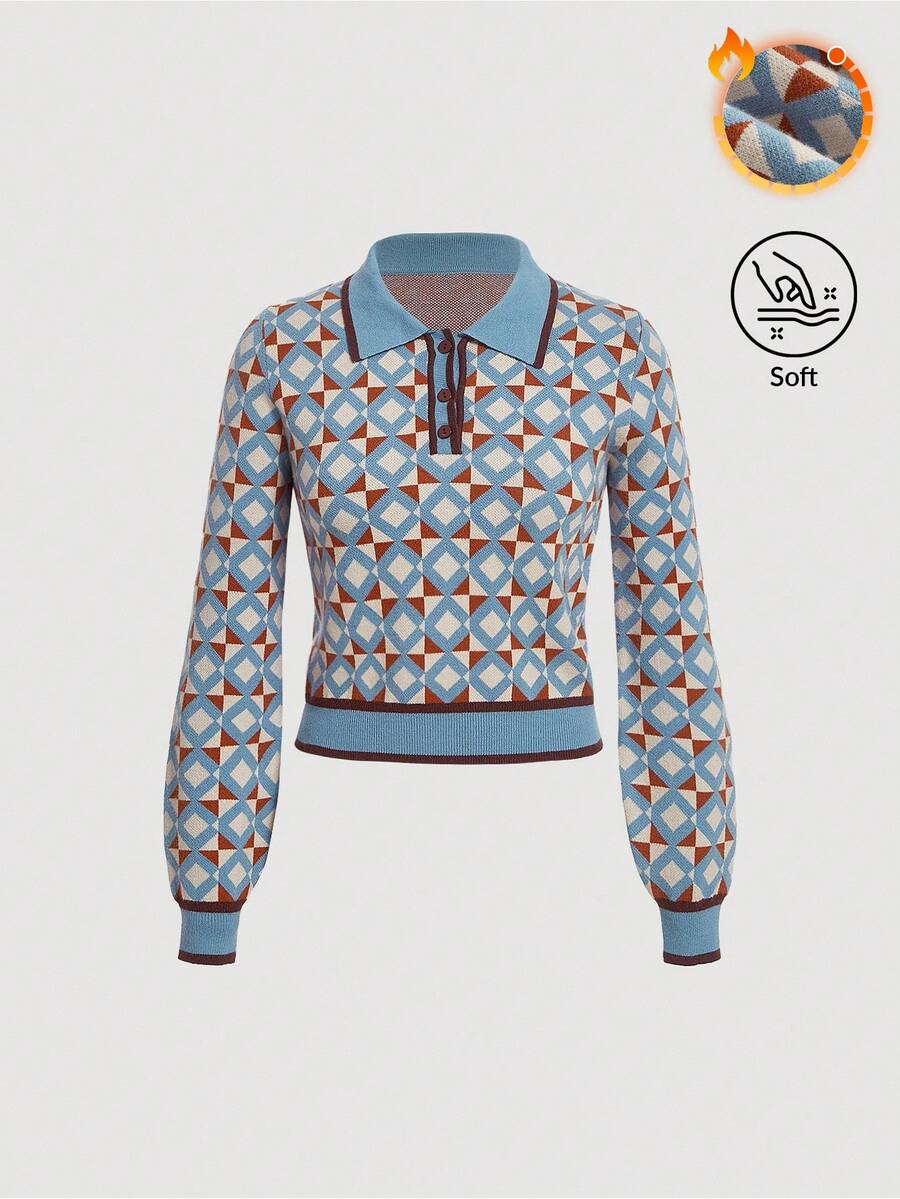 SHEIN MOD Women's Geometric Pattern Colorblock Sweater With Contrast Trims And Lantern Sleeves,Long Sleeve Tops,Knitted Sweater In Fall/Winter - Multicolor - View 1