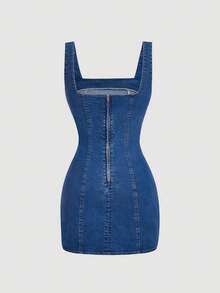 SHEIN MOD 女士纯色褶皱方领不对称下摆无袖牛仔连衣裙 - 藍色 - 查看 2