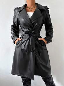 VaVaBold Pu Notched Collar Long Trench Coat Fall Winter Cloth For Women - Black - View 4