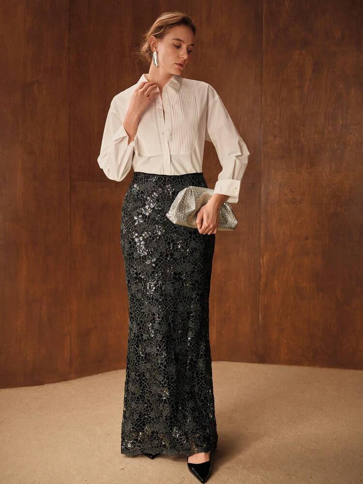WOMEN'S GLITTER LACE FITTED ELEGANT SKIRT