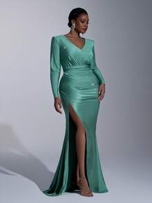 Elitara Vestido elegante y lujoso de talla grande para otoño e invierno con cuello en V profundo, hombros rectos, mangas largas, plisado asimétrico delantero, abertura alta tipo sirena, adecuado para cena, baile, cita, vacaciones, boda y eventos de noche - Verde - Ver 5