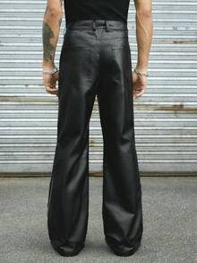 AXEPEAK Men's PU Leather Graphic Print Pocket Flared Leg Loose Pants - Black - View 2