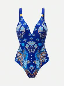 Swim Oasis Conjunto de traje de baño de una pieza con estampado de loro de lujo para resort del sur de Francia, con falda pareo - Multicolor - Ver 4