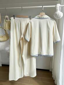 Comfortcana 两件套加大码休闲撞色领结衬衫和裤子套装 - 彩色 - 查看 2