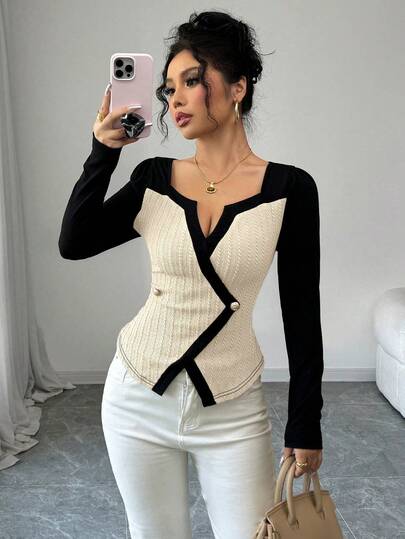 Elenzga Women's Fashion Elegant Casual T-Shirt, Long Sleeve Contrasting Color Splice Keyhole Neck, Cutout Collar, Waist A-Line Asymmetric Hem, Faux Button, Apricot Textured Jacquard And Black Knit Graphic Tees Women Tops For Spring