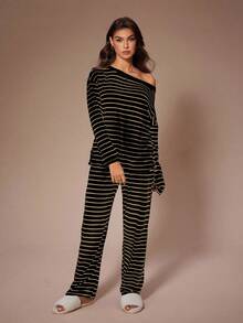 Lazeform 大码女式条纹印花休闲斜肩家居服套装，冬季服装 - 黑色 - 查看 7