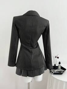 Elamini 女士灰色条纹修身中长款西装外套，百搭职业装，适合办公室、商务休闲、通勤、秋冬季穿着。 - 灰色 - 查看 2