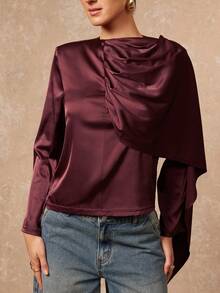 Lumalex Winter Fall Satin Shawl Collar Long Sleeve Women Blouse Luxury Prom Gathering Party Banquet Modest Old Money Coquette Glitter Holiday Party Rave Festival Outing Vacation Hot Outdoor Richly Layered Wedding Season Banquet ID Al-Adha Al-Adha Party New Year Looks Of Party Party Dress For Autumn - Red Violet - View 5