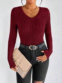 SHEIN Frenchy 纯色V领粒面针织基础款罗纹针织休闲T恤