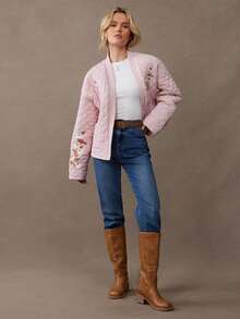 WESTFADE Open Front Floral Embroidered Long Sleeve Boxy Quilted Jacket Fall, Autumn, Winter, Christmas, Holiday, NYE, New Years, Boho, Casual - Pink - View 3