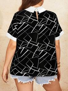 SHEIN LUNE Plus Size Women's Fashion Casual Colorblock Geometric Print Shirt - Black - View 2