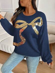 EMERY ROSE Plus Size Casual Sequin Bow Pattern Round Neck Drop Shoulder Sweater, Autumn/Winter - Royal Blue - View 5