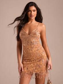 Enchnt Premium Summer Romantic Women's Brown Beaded Decor Short Camisole Dress,Party Dress,Wedding Guest,Luxury Evening Dress,Vacation Outfits - Brown - View 1
