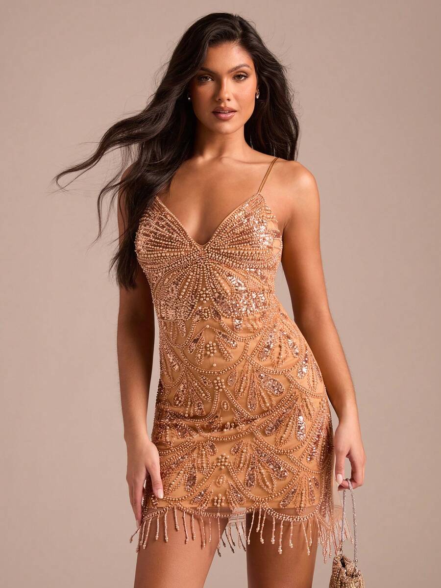 Enchnt Premium Summer Romantic Women's Brown Beaded Decor Short Camisole Dress,Party Dress,Wedding Guest,Luxury Evening Dress,Vacation Outfits - Brown - View 1