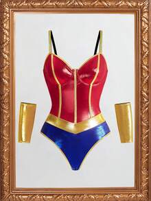 3pcs Set Women's Sexy Bodysuit Lingerie Costume, Includes Metallic Foil Leather Bodysuit