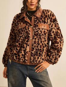 SHEIN VCAY 大码休闲豹纹仿毛皮外套，秋冬季豹纹外套，猎豹纹外套，保暖舒适蓬松休闲外套，适合外出穿着，秋季感恩节新年冬季皆宜