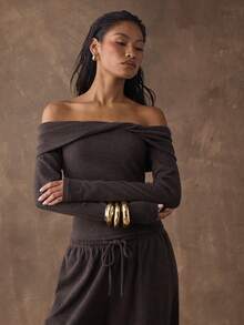 SHEIN BAE Áo trễ vai màu trơn thắt nút xoắn dành cho nữ, thích hợp khi đi làm - Cà phê nâu - Xem 8