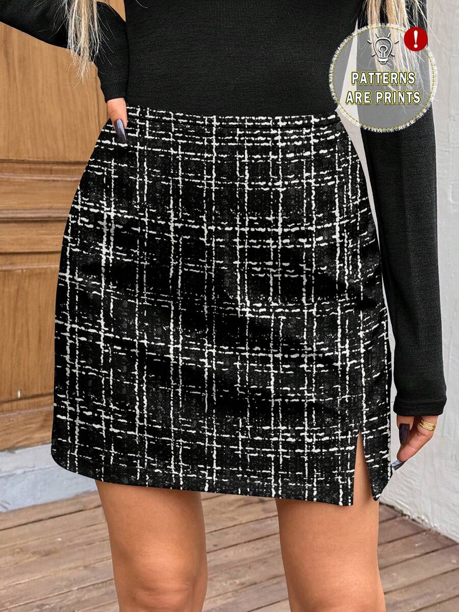 SHEIN LUNE 休闲优雅复古通勤百搭款，适合秋冬季节，舒适保暖，仿纹理黑色格子印花中腰开衩迷你裙，女士款