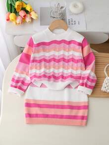 2pcs/Set Girls Sweater Co-Ord Set, Pink Rainbow Striped Knitted Sweater And Skirt, Comfortable For Autumn/Winter Wear, Suitable For School, Daily, Party, Versatile And High Value Long Sleeve Dress For Kids Kids Sweaters For Girls Jumper For Girls Girl Clothes Autumn And Winter Clothes Autumn And Winter Young Girls Drease - Pink - View 8