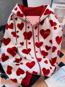 Resyla 女士休闲日常通勤爱心印花落肩宽松拉链抽绳卫衣，春秋季 - 彩色 - 查看 1