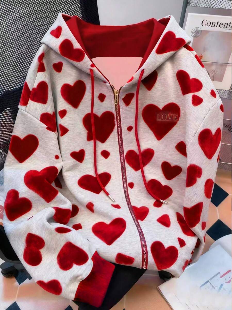 Resyla 女士休闲日常通勤爱心印花落肩宽松拉链抽绳卫衣，春秋季 - 彩色 - 查看 1