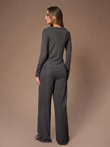 Lazeform 女士休闲纯色方领长袖上衣和裤子睡衣套装 - 深灰色 - 查看 2