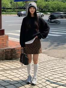 DAZY Solid Color Crew Neck Casual Long Sleeve Sweater,Long Sleeve Tops,Fall Women Clothes - Black - View 3