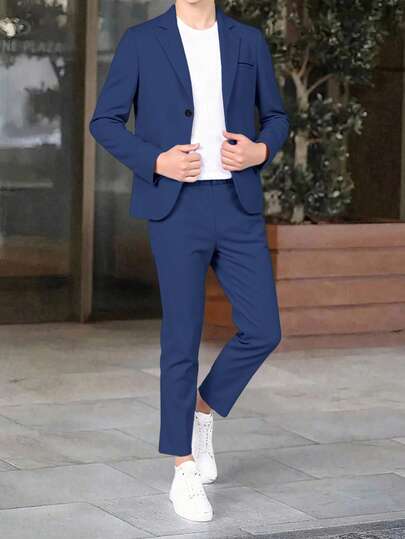 SHEIN Set de 2 piezas Conjunto informal de estilo gentleman para niño preadolescente, chaqueta blazer de unicolor y pantalón formal de cintura elástica, adecuado para fiesta de cumpleaños, evento de noche, actuación, boda