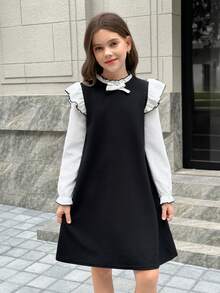 SHEIN 少女优雅蝴蝶结装饰撞色荷叶边下摆派对连衣裙，圣诞节及节日 - 黑與白 - 查看 5