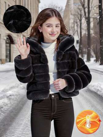 1pc Girls Soft Faux Fur Jacket, Elegant Long Sleeve Short Fitted Hooded Coat, Suitable For Autumn/Winter