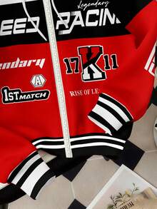 Attitoon Chaqueta con capucha suelta y casual, con estampado de letras y números en contraste de color negro y rojo, sudadera abierta, adecuada para salidas, estilo callejero, elegante, otoño/invierno - Multicolor - Ver 3