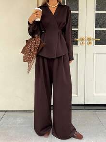 DAZY Bộ 2 món áo sơ mi trơn màu có thắt lưng và quần ống rộng dành cho nữ, Thu/Đông - Cà phê nâu - Xem 3