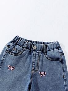 ChillGRL Young Girl Fashion Snowflake Washed Distressed Embroidered Flare Jeans - Dark Wash - View 3