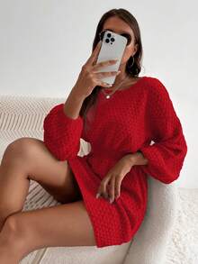 EMERY ROSE Casual Solid Color Waist Cinched Knit Dress, Autumn/Winter - Red - View 5