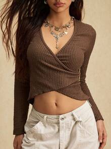 Easelle Brown Knit Jacquard Women's Cropped Fitted Top With Side Waist Metal Embellishments; Brown Textured Fabric Top With Decorative Metal Buttons. - Brown - View 4