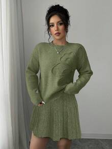 Elenzga 女式休闲刺绣圆领纯色 A 字形百褶裙毛衣两件套 - 軍綠色 - 查看 4