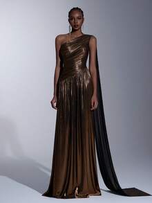 Elitara Váy dạ hội đính cườm đính kim loại thanh lịch dành cho nữ - Vàng - Xem 5