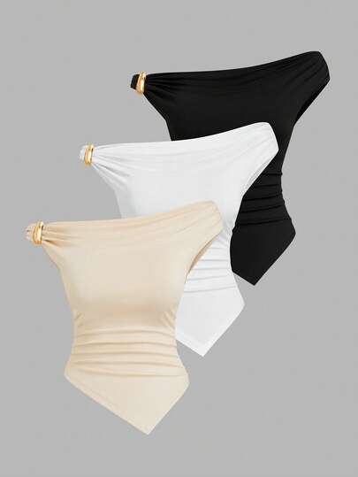 Sweetra Plus Size Women's 3 PiecesOblique Shoulder T-Shirt Set With Metal Buckle, Sexy Design