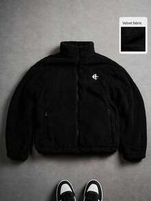 PAVTROS 加大码男士刺绣长袖拉链毛绒外套，Y2K风格，秋冬款